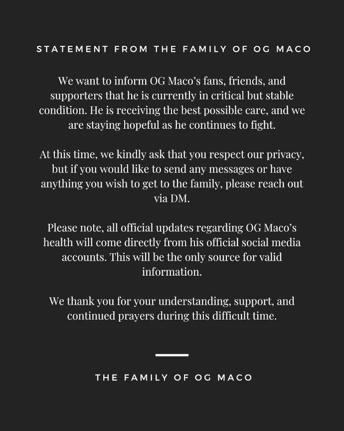 O G Maco Death Statement By His Family